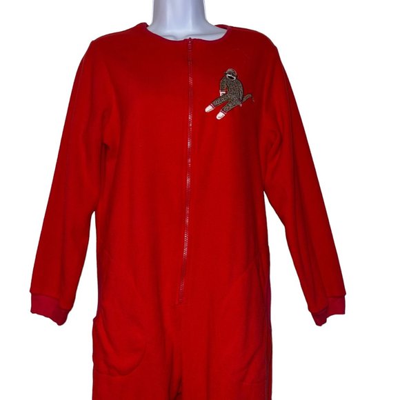 Nick & Nora Red Sock Monkey Pajamas Womens S Footie Unionsuit PJs Costume Solid - Picture 2 of 9